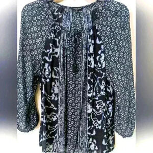 Lucky Brand Navy Blues Peasant Style Semi-Sheer Print Blouse Size Med